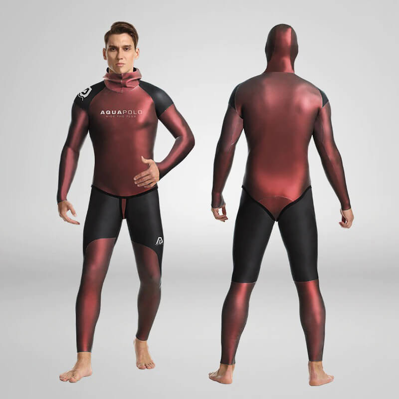 Men's neoprene wetsuit for spearfishing, front and back views. Hooded design for warmth and UV protection, durable and flexible.